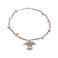 Hematite pendant necklace w/ silver tone charm and orange beads Southwestern