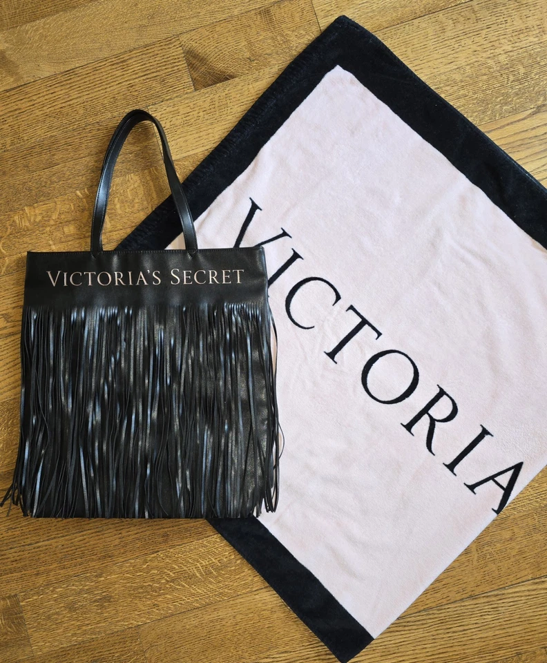 NWOT Victoria's Secret Fringe Bag Tote & Beach Bath Towel Black & Pink  Logo Set - Image 2 of 4
