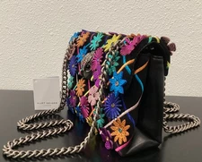 Kurt Geiger Mini Kensington 3D Flowers Black Suede Leather 8" x 5.5" x 2.25"