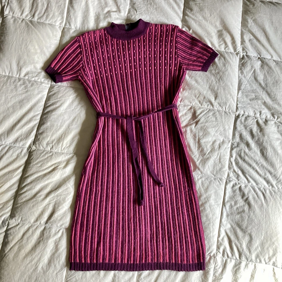 Cinto social suéter malha canelada vintage listra roxa rosa acrílico S retrô maximalista - Imagem 2 de 4