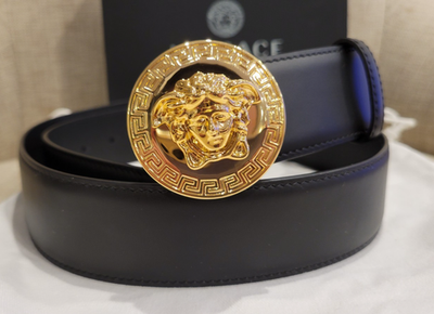 小物 90's VERSACE Medusa backle leather belt Versace Men Black Leather Belt Size 85-90-95-100 Gold Buckle