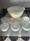 Anchor Hocking Sandwich White Milk Glass Punch Bowl 7 Cup Vintage Glassware Set