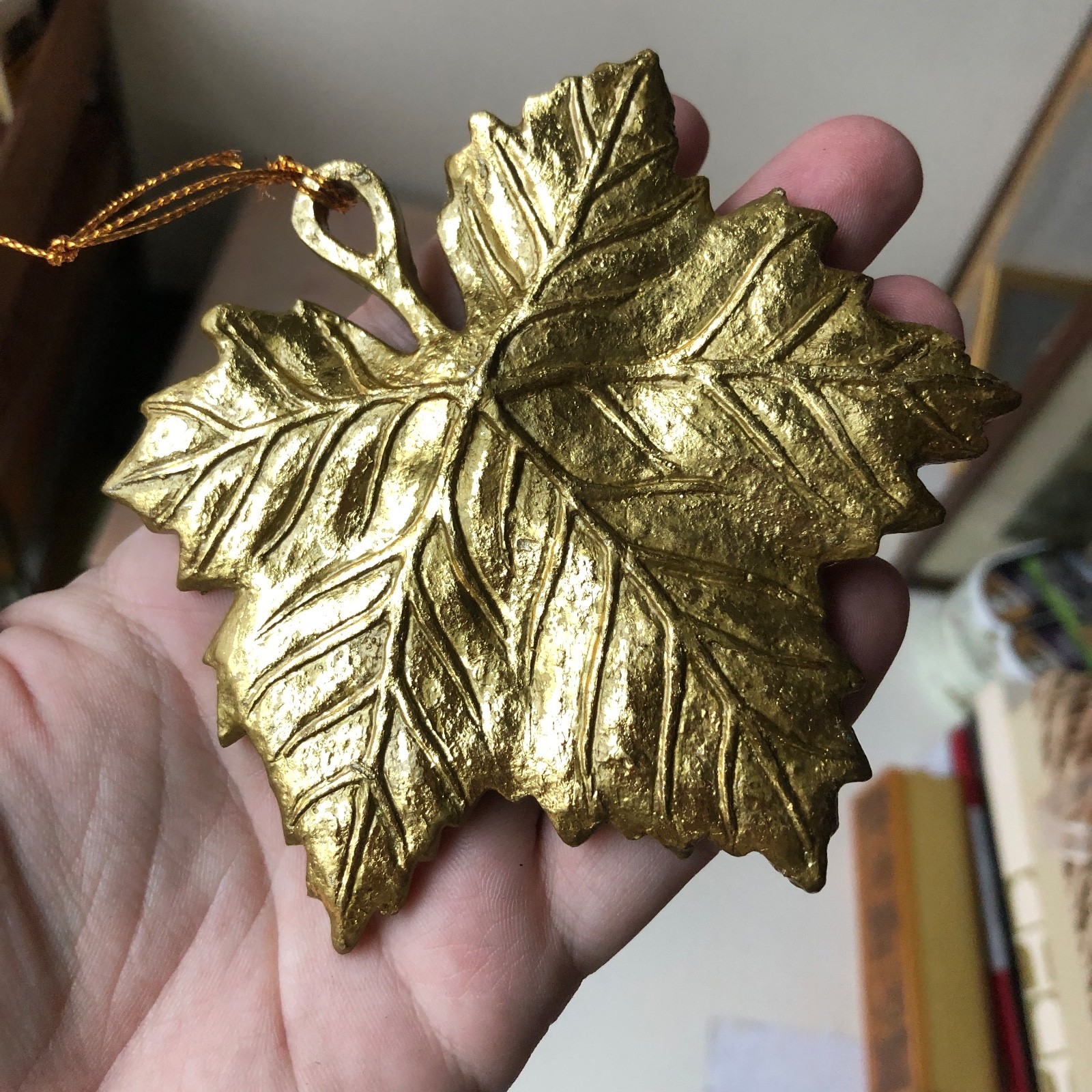 Vintage Gold Tone Gilt Wood Maple Leaf Christmas Ornament Pendant