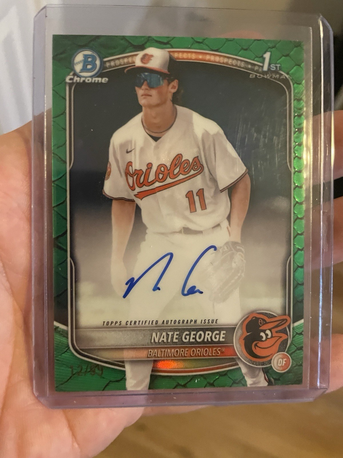 /99 Nate George Green Reptilian Bowman Chrome 1st Auto 2025 Bowman Chrome CPA-NG