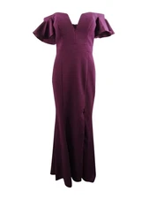 Xscape Women's Off-The-Shoulder Slit Gown (4, Wine)
