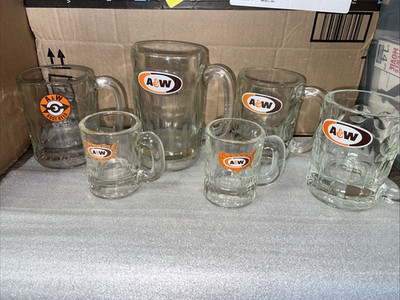 Vintage A&W Root Beer Tall & Short Mugs Glass Bullseye Arrow Logo AW Set of  6