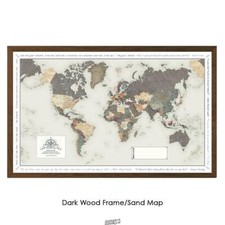 WORLD TRAVEL MAP FULL COLOR FRAMED MARKABLE CUSTOMIZE  SAND MAP/DARK FRAME 