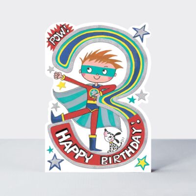 Geburtstagskarte - Junge Kinder - 3. Geburtstag Alter 3 Superheld - gestanzt - Stern springt