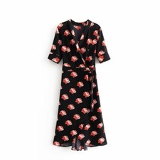 Floral Print Red White Peony Roses Black Midi Dress Japanese Kimono Skirt S