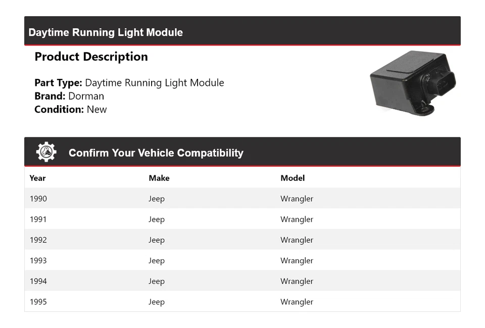 Módulo de luz de circulación diurna para Jeep Wrangler Dorman 1990-1995 1991 1992 1993 Foto 2 de 4