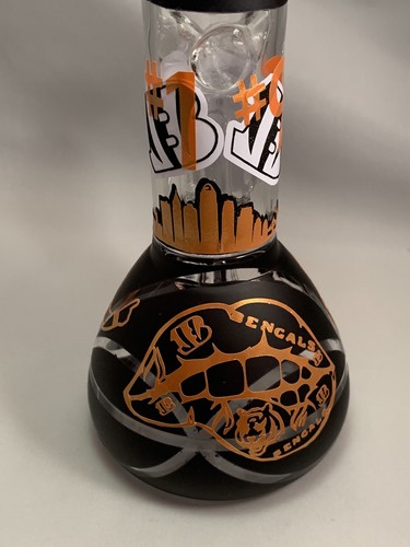 8'' BENGALS Cincinnati Custom Art Glass Water Bong Percolator Beaker Black 14mm - Picture 3 of 6
