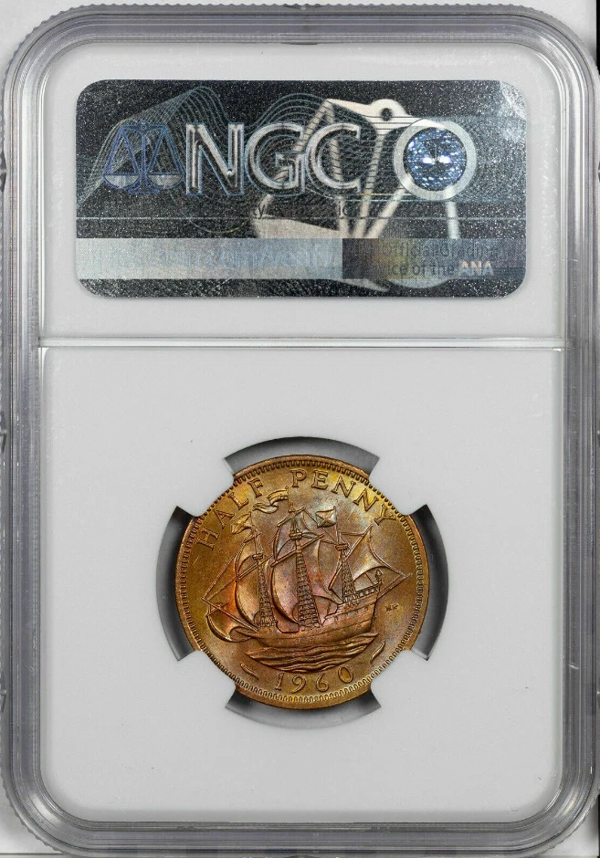 :1960 GREAT BRITAIN HALF PENNY NGC MS-66-RB RED-BROWN LOW POP R-7 HIGHEST GRADES - Image 2 of 4