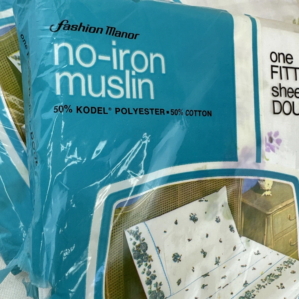 Vtg Fashion Manor Sheet Set Lavender Floral Double Flat Fitted No Cases Muslin - Image 3 of 4