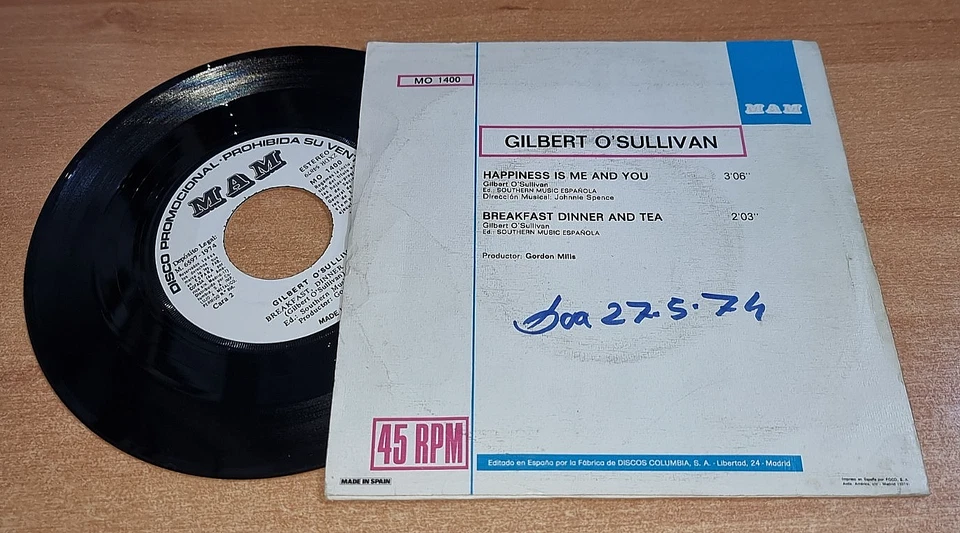 GILBERT O'SULLIVAN Happiness is me and you 7" SPAIN PROMO SINGLE VINYL RARE OOP - Image 2 of 3