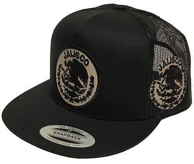 JALISCO MEXICO 2 LOGOS HAT LOGO FEDERAL BLACK MESH TRUCKER  SNAP BACK FLAT BUILD