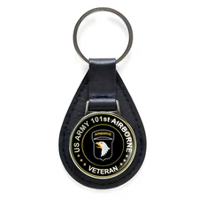 US Army 101st Airborne Veteran Black Leather Keychain Silver Keyring 