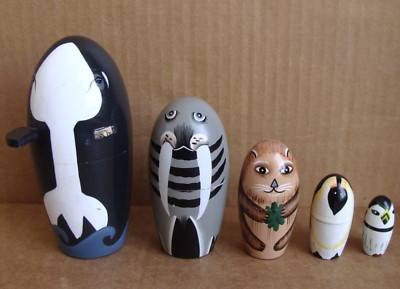 Bits And Pieces wood whale walrus otter penguin matryoshka nesting doll set