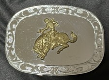 Large Bronco Belt Buckle Silver-tone Shinny Background
