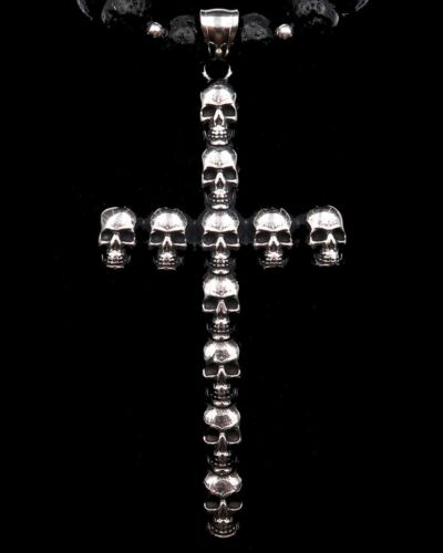 Collier orné d'une grande croix ouvragée de crânes - Memento Mori - Photo 1/9
