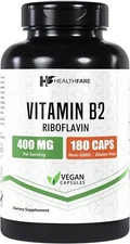 Vitamin B2 400mg | 180 Capsules | Riboflavin | Gluten Free & Non-GMO HealthFare