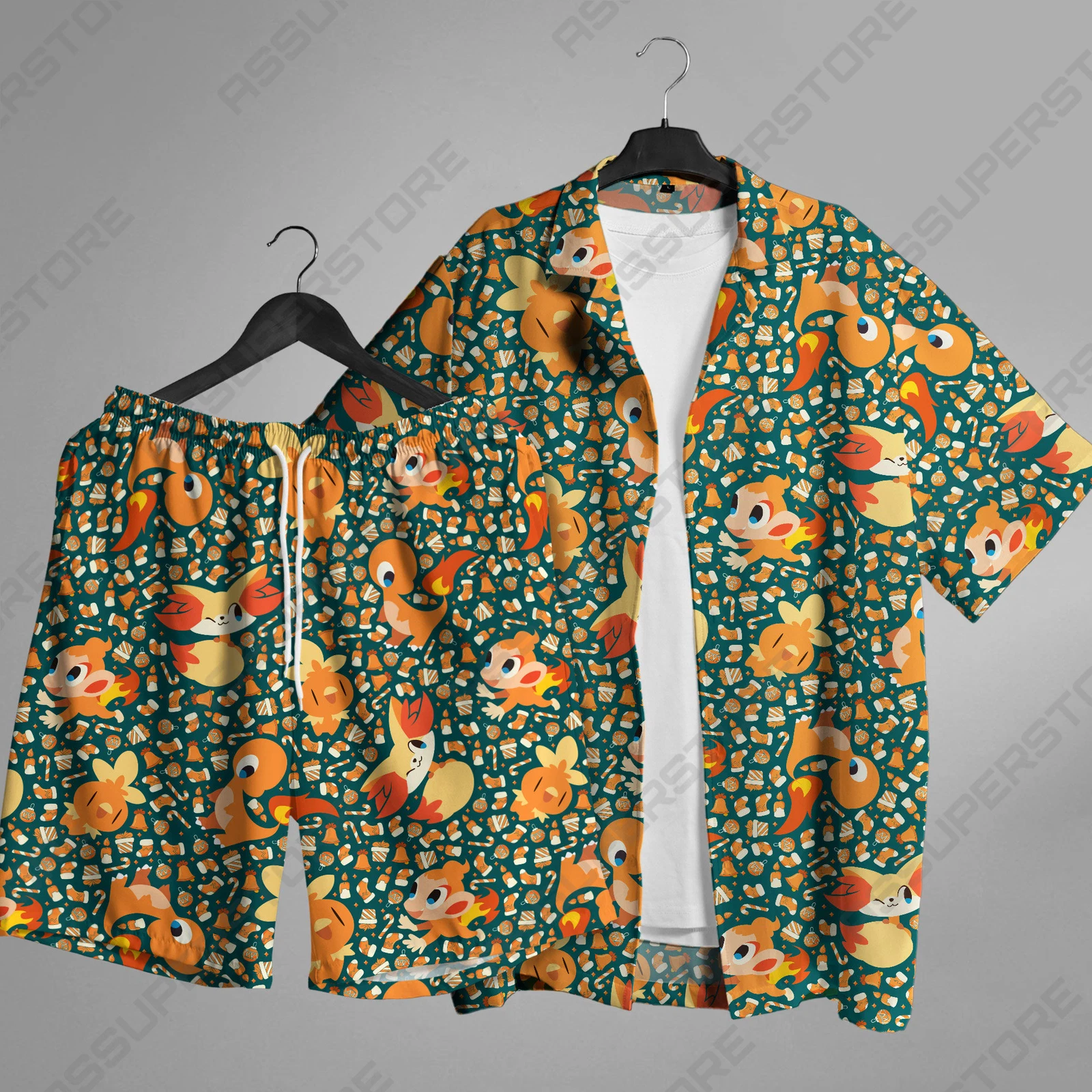 Charmander Hawaiian Button Up Shirt Japanese Anime Button-Up Shirt Summer