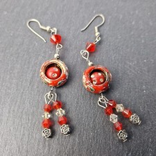 Ohrringe Statement Bemalt Damen Hängerchen Boho Handmade Rot Handarbeit Perlen 