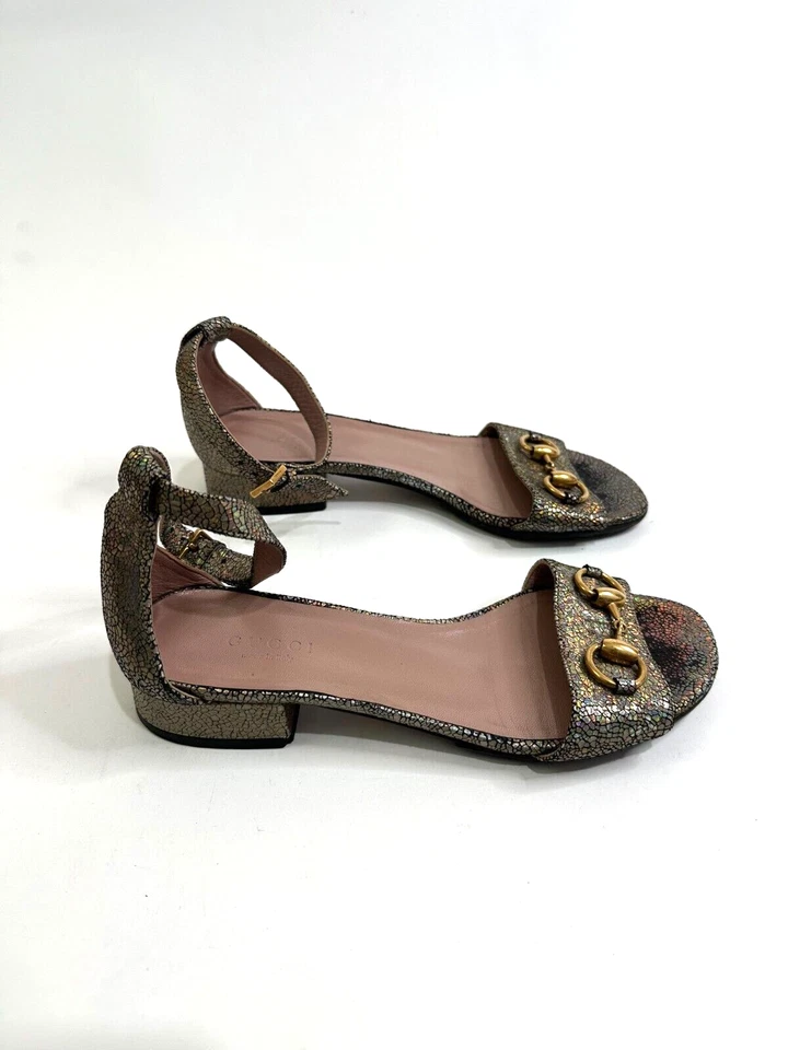 Gucci Multicolor Textured Leather Liliane Horsebit Ankle Cuff Flat Sandals SZ 35 - Image 2 of 4