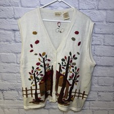 Vtg Bobbie Brooks Sweater Vest Women Embroidered Fall Leaves 22-24W Cottage Core
