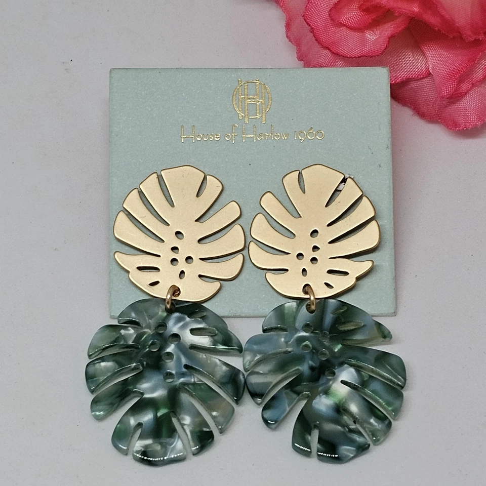 HOUSE OF HARLOW Monstera Leaf Dangling Earrings Green Gold Tropical Plant Palm - Image 2 of 4