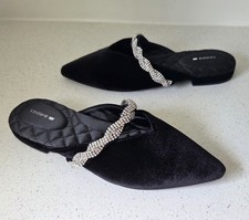 Birdies The Swan Mule Shoes Black Caviar Velvet  Gem Bracelet Women's 7.5 READ