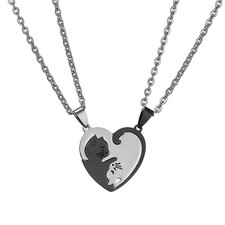 Stainless Steel Cat Kitty Necklace for Women Men Matching Yin Yang Cat Love Hear