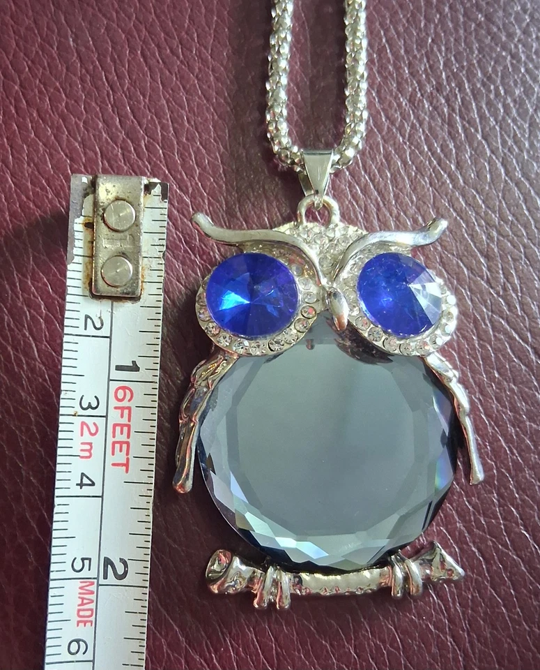 Collar lindo! Espejo gordito Betsey Johnson, ojos de cristal azul búho, cadena larga Foto 3 de 4