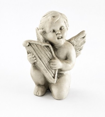 Vintage Gray Cherub Angel Playing Harp Figurine 6  Bisque Ceramic Putti