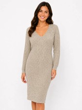 V-Neck Rib Knit Long Sleeve Sweater Dress in Beige Size M