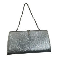 Silver Metallic Textured Clutch Evening Bag Chain Strap Rhines Kiss Lock Closure