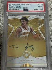 2018-19 Panini Opulence Trae Young Rookie Gold On Card Auto RC #118 PSA 9 /25 . rookie card picture