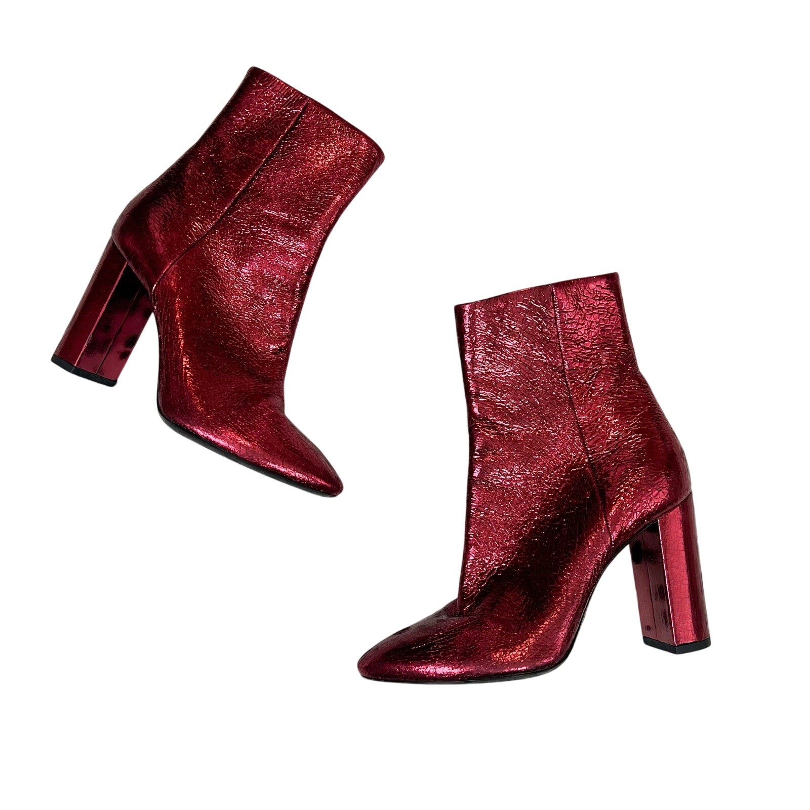 Saint Laurent Stivali con tacco firmati YSL Lou in pelle rosso metallizzato crepato 37