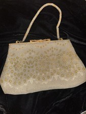 Vintage Walborg France Hand Beaded Evening Bag Gold White Clutch Purse