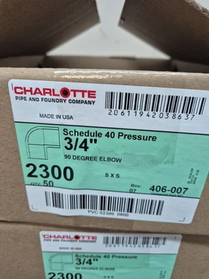 Charlotte Pipe 3/4" PVC Sch 40 Elbow Fittings S x S 90° 2300 406-007 Lot Of 50