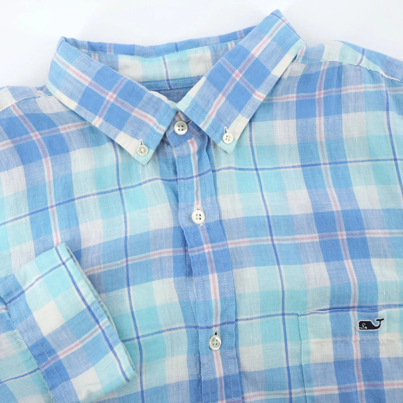 Vineyard Vines Linen Button Down Classic Fit Tucker Plaid Shirt Blue Mens XXL