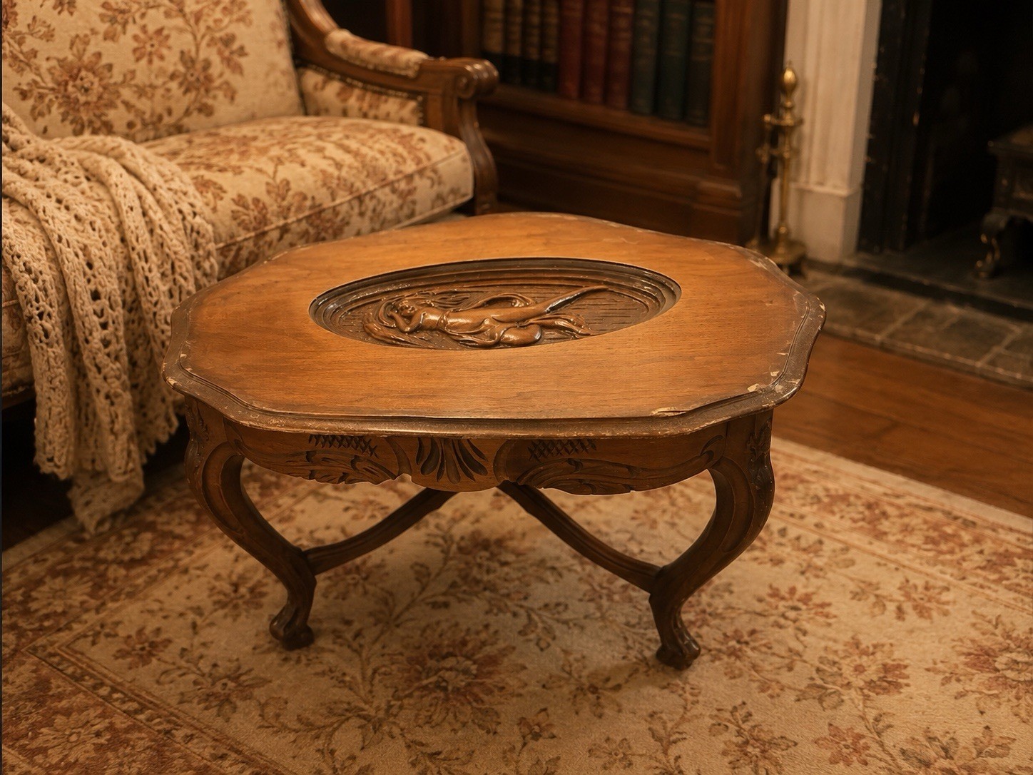 Vintage Carved Wood Side Table Scalloped Edge & Art Nouveau Style