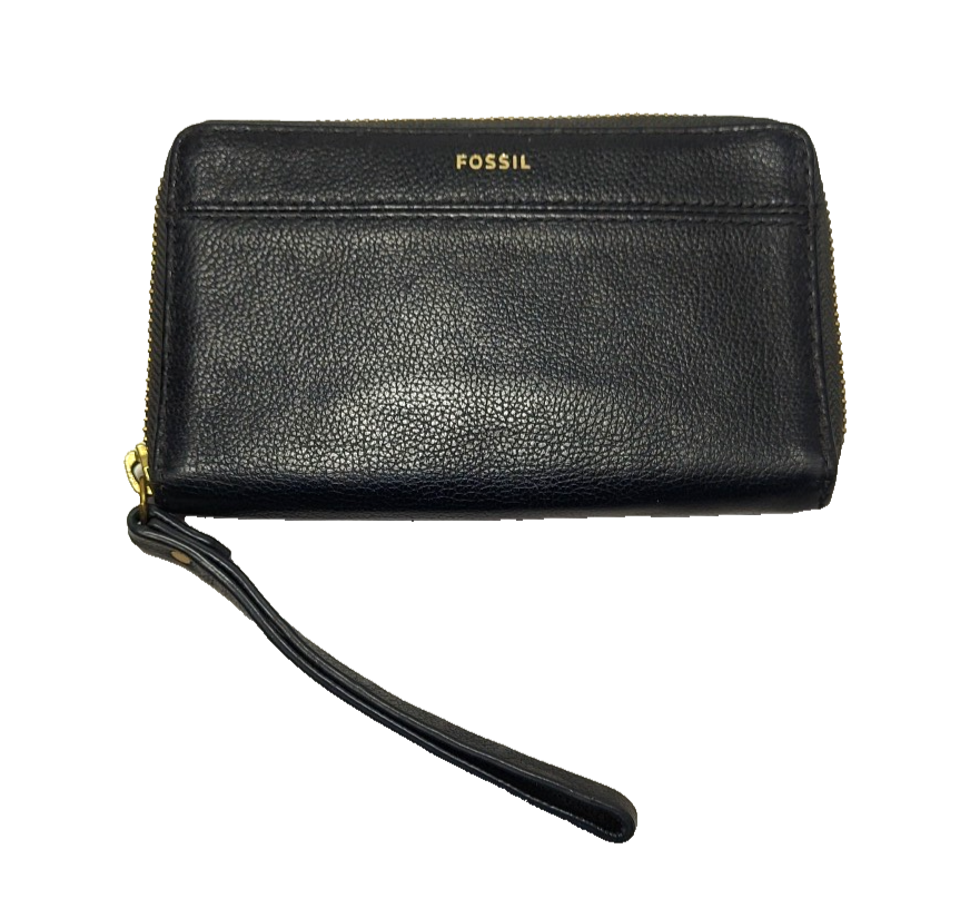 Fossil Tiegan Leather Clutch Black Cowhide Wallet Zip Cash Card ID