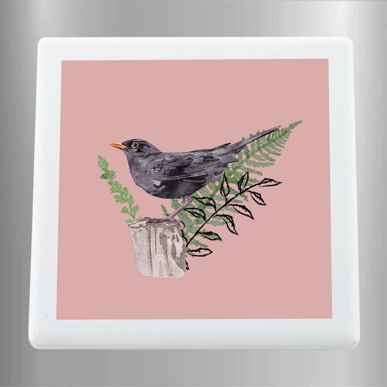 Blackbird Bird In Garden on Pink Square Ceramic Fridge Magnet