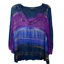 Greater Good Top Womens S/M Blue Purple Artsy Colorblock Beaded Boho Hippie