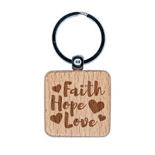 Faith Hope Love with Hearts Engraved Wood Square Keychain Tag Charm