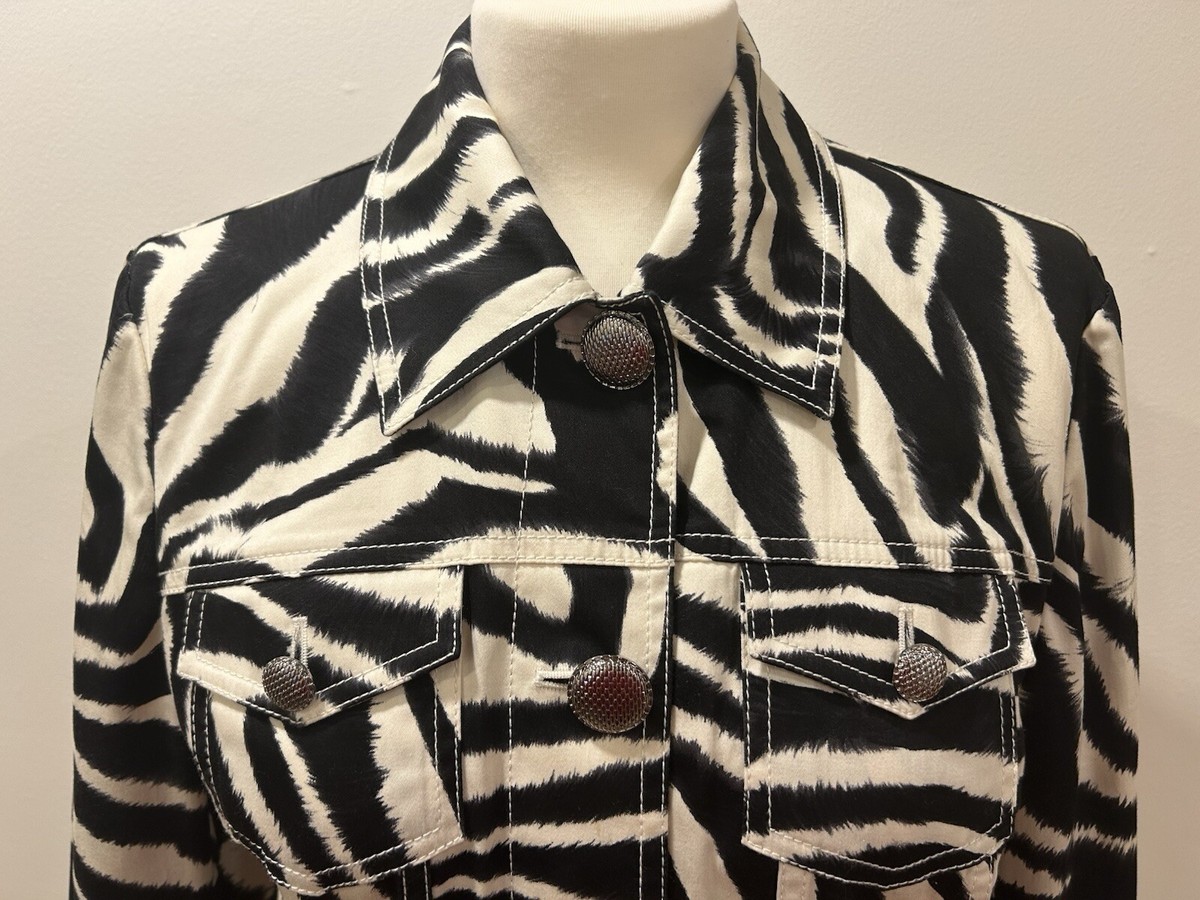 Vtg ST JOHN SPORT Jacket Blazer Zebra Print Stretch Cotton Logo