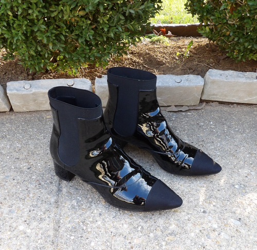 Chanel Black Patent Pointed Toe Ankle Boots Sz 38.5 Runs Small