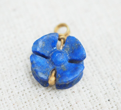 Ancient Roman With Gld Fleck Lapis Flower Genuine Solid 22k GOLD Pendant - Picture 2 of 6