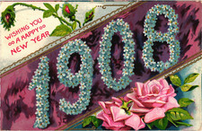 NEW YEAR Wishes 1908 Pink Roses Embossed Anti...