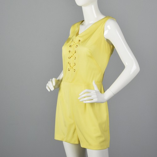 Large 1970s Womens Yellow Romper Vintage Sleeveless Short Summer Beach Wear - Picture 3 of 10